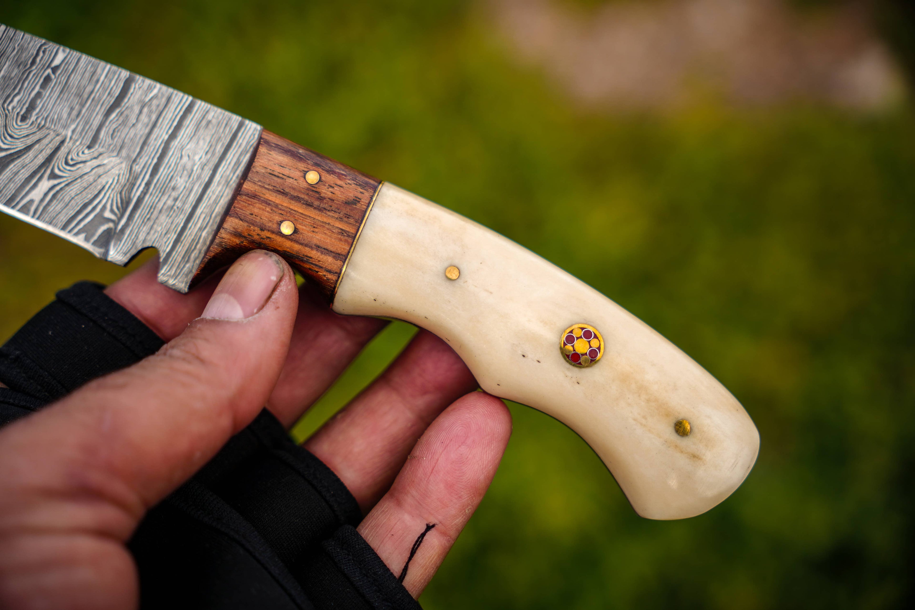 9' Damascus Guthook knife with leather sheath  Bone Handle