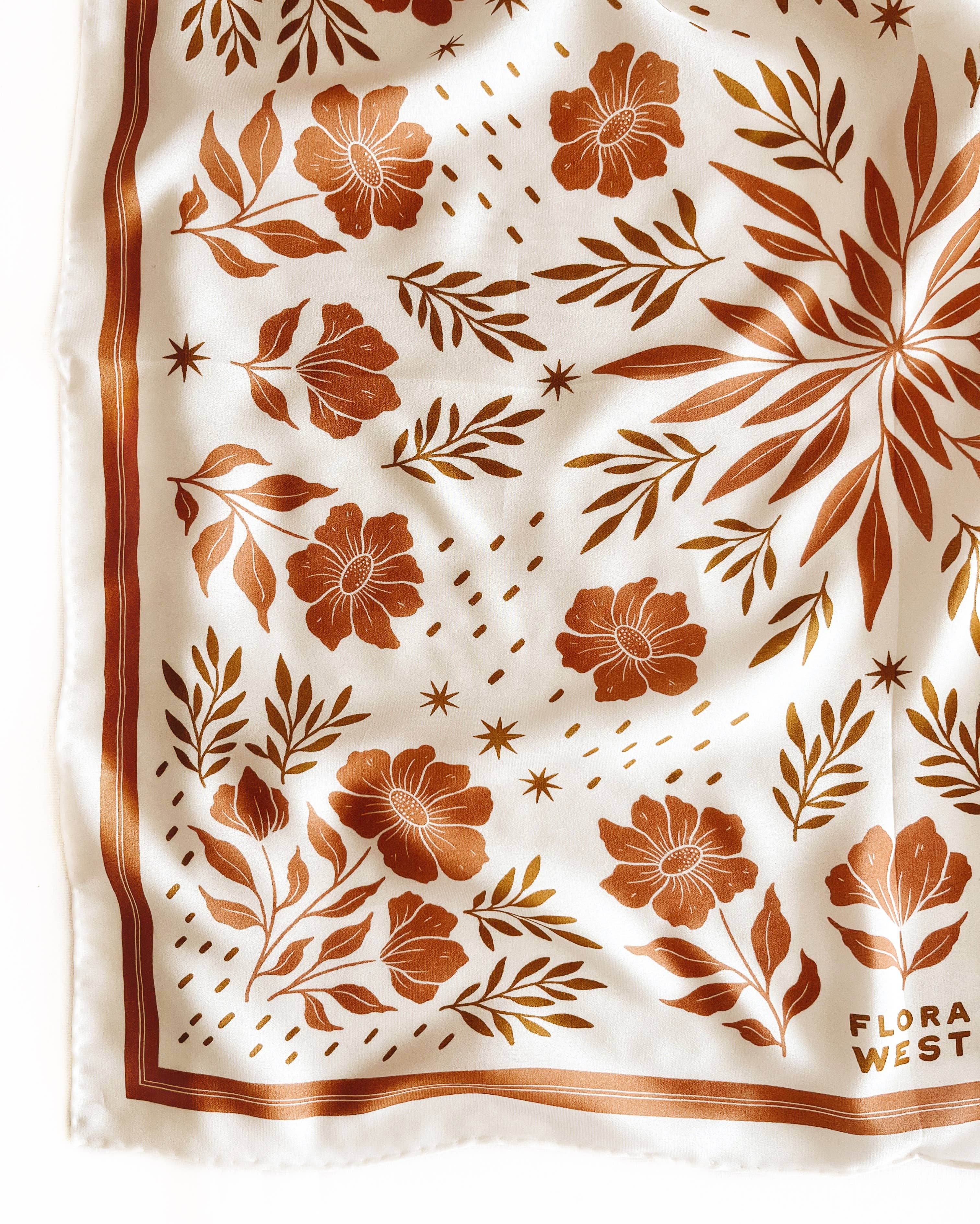 100% Silk Bandana Scarf - Desert Floral Western Earth Tones