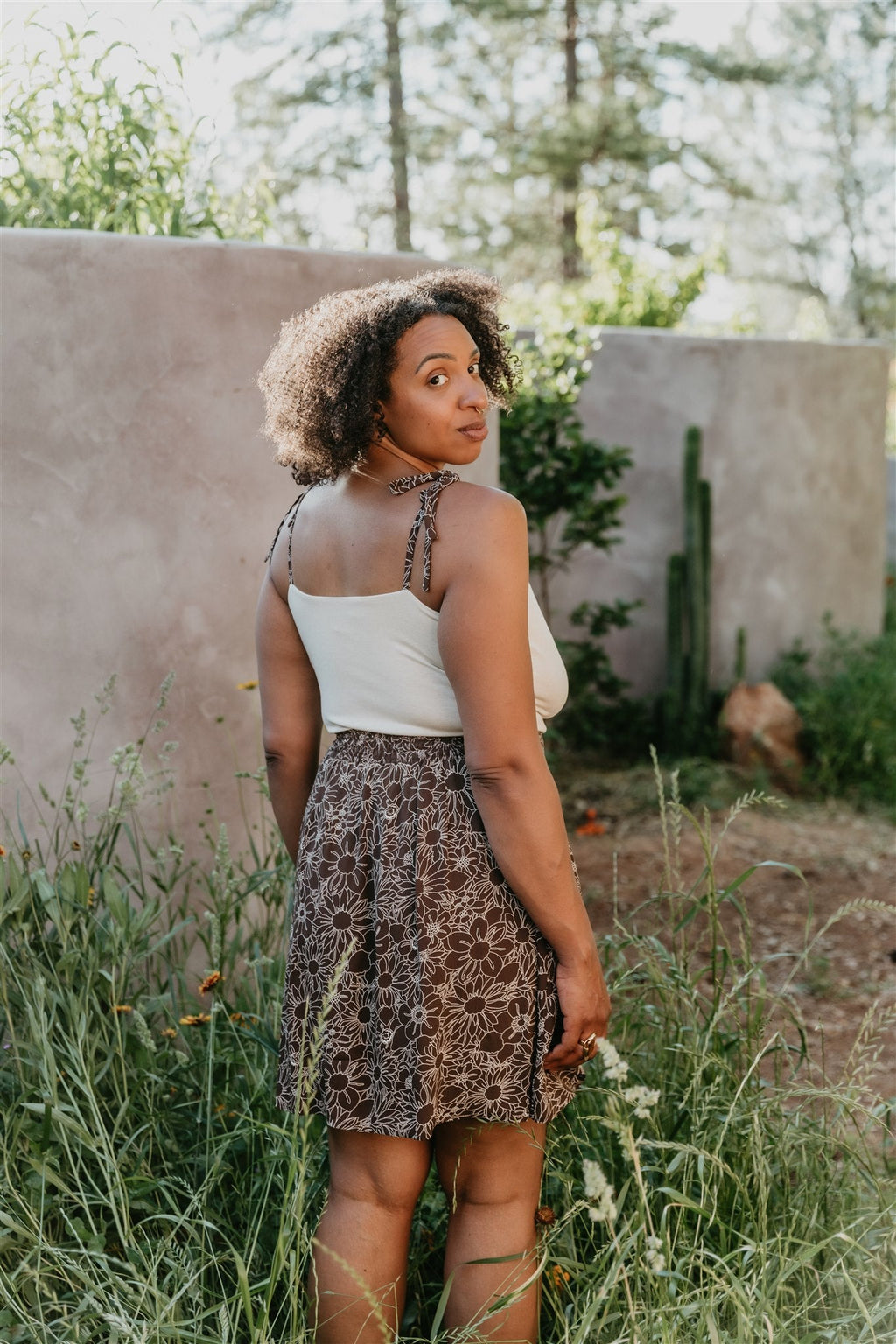 Minnie Top in Oat Modal with Brown Floral Straps