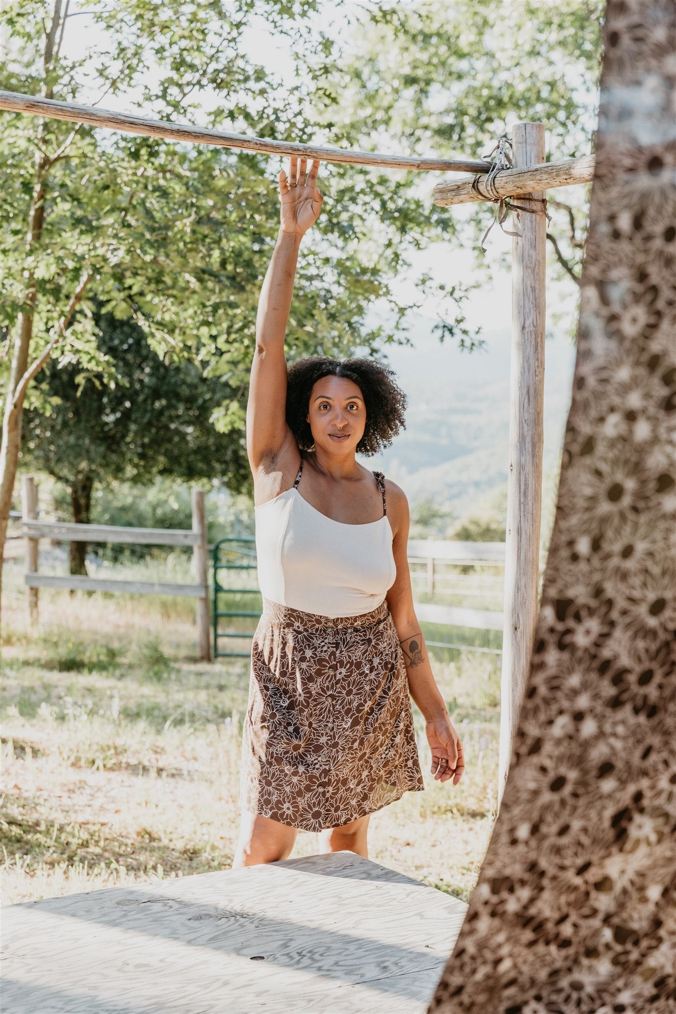Minnie Top in Oat Modal with Brown Floral Straps