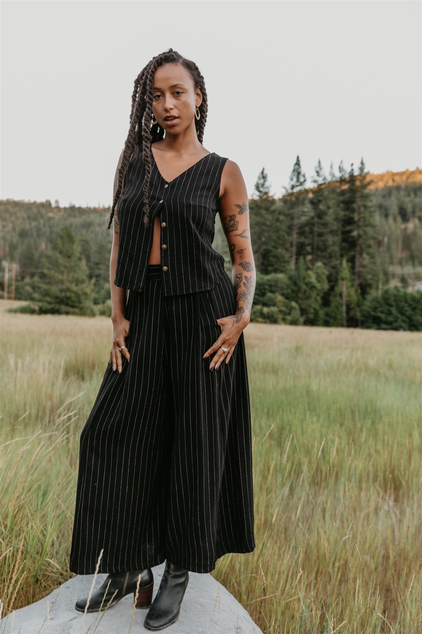 Aviva Top in Black Pinstripe