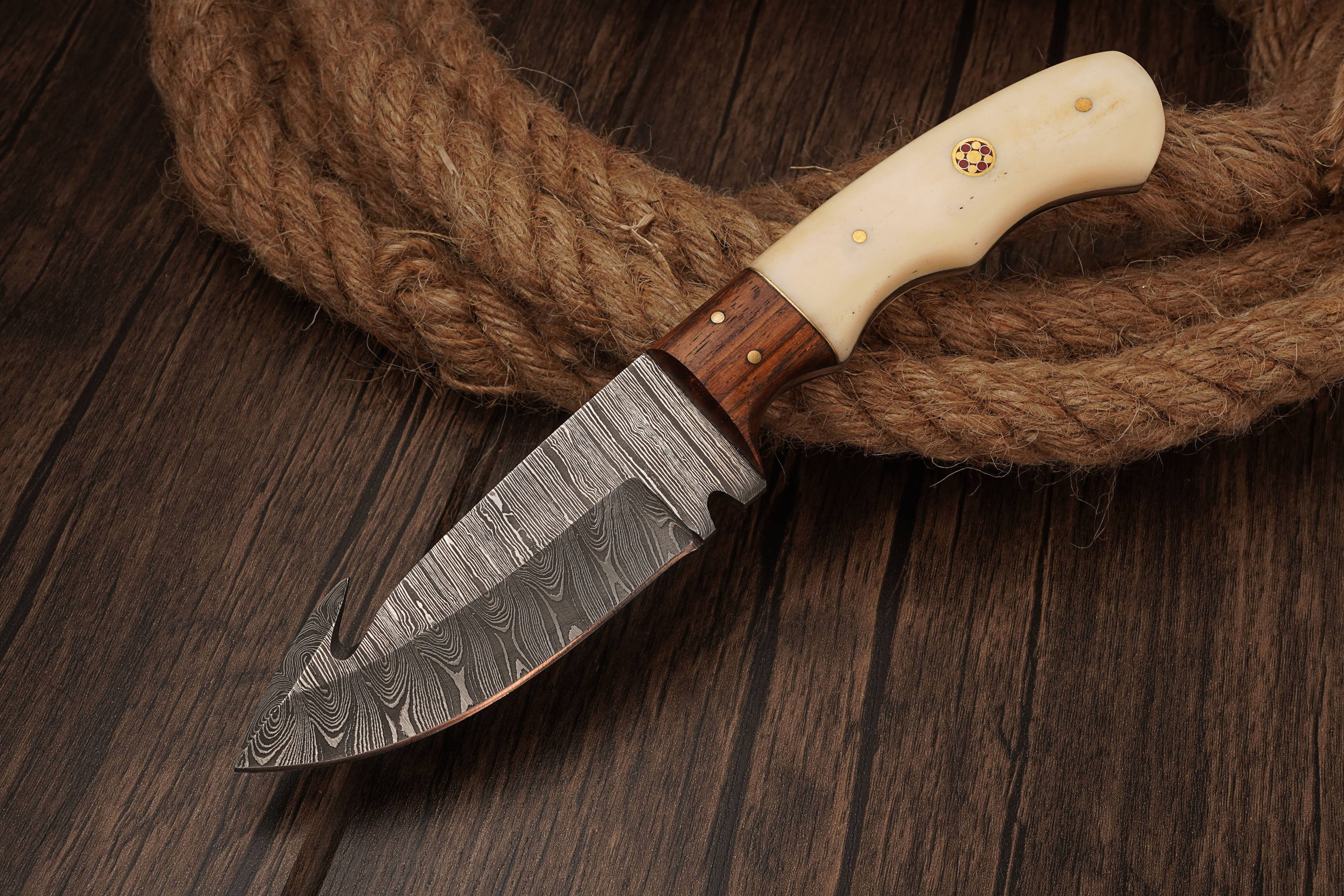 9' Damascus Guthook knife with leather sheath  Bone Handle