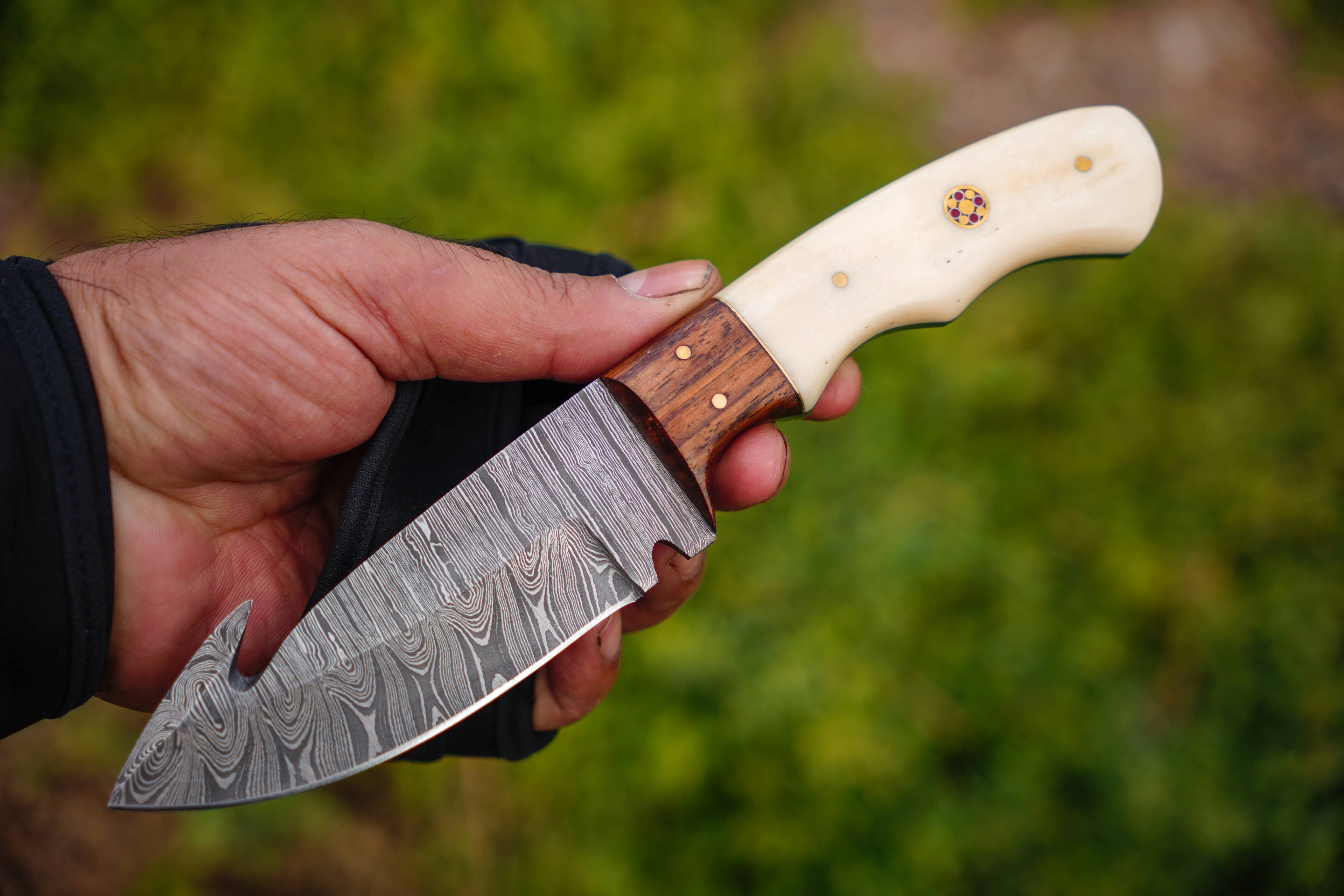 9' Damascus Guthook knife with leather sheath  Bone Handle